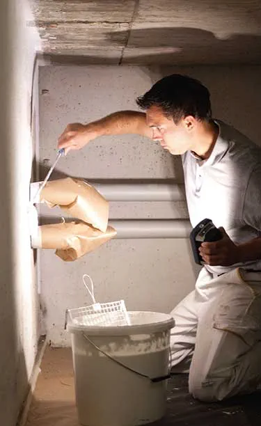 Käsityöläinen valaisee kapeaa, pimeää huonetta Festool-Työvalaisimet toisessa kädessä ja työkalu toisessa kädessä.